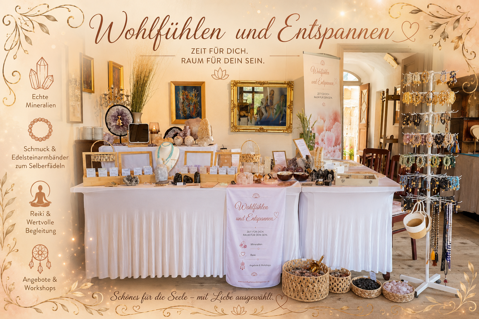 Markstand von Wohlfühlen und Entspannen – Mineralien, Trommelsteine, Kugelarmbänder und Echtsilberschmuck auf Schloss Kuckuckstein
