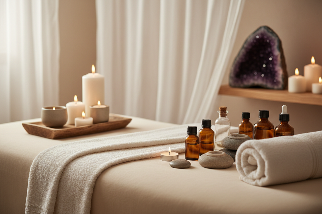 Bild mit Massageliege und kleinen Fläschchen mit ätherischen Ölen