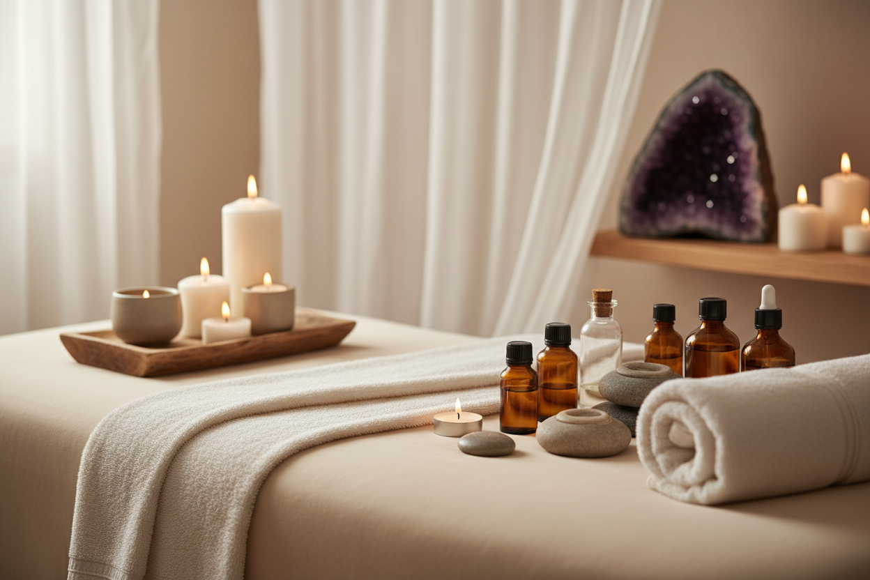 Bild mit Massageliege und kleinen Fläschchen mit ätherischen Ölen