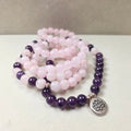 Rosenquarz und Amethyst Mala mit Lotus 8 mm