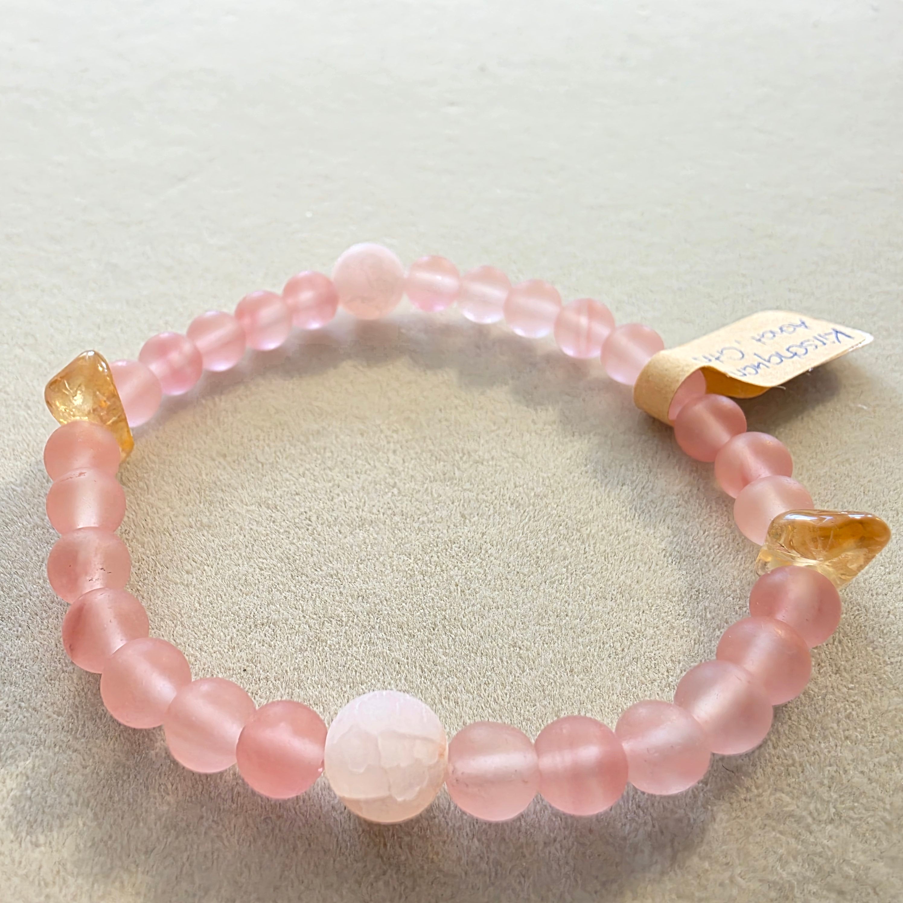 Kirschquarz, Rosé-Achat & Citrin – handgefertigtes Reiki-Kugelarmband +/- 4 mm