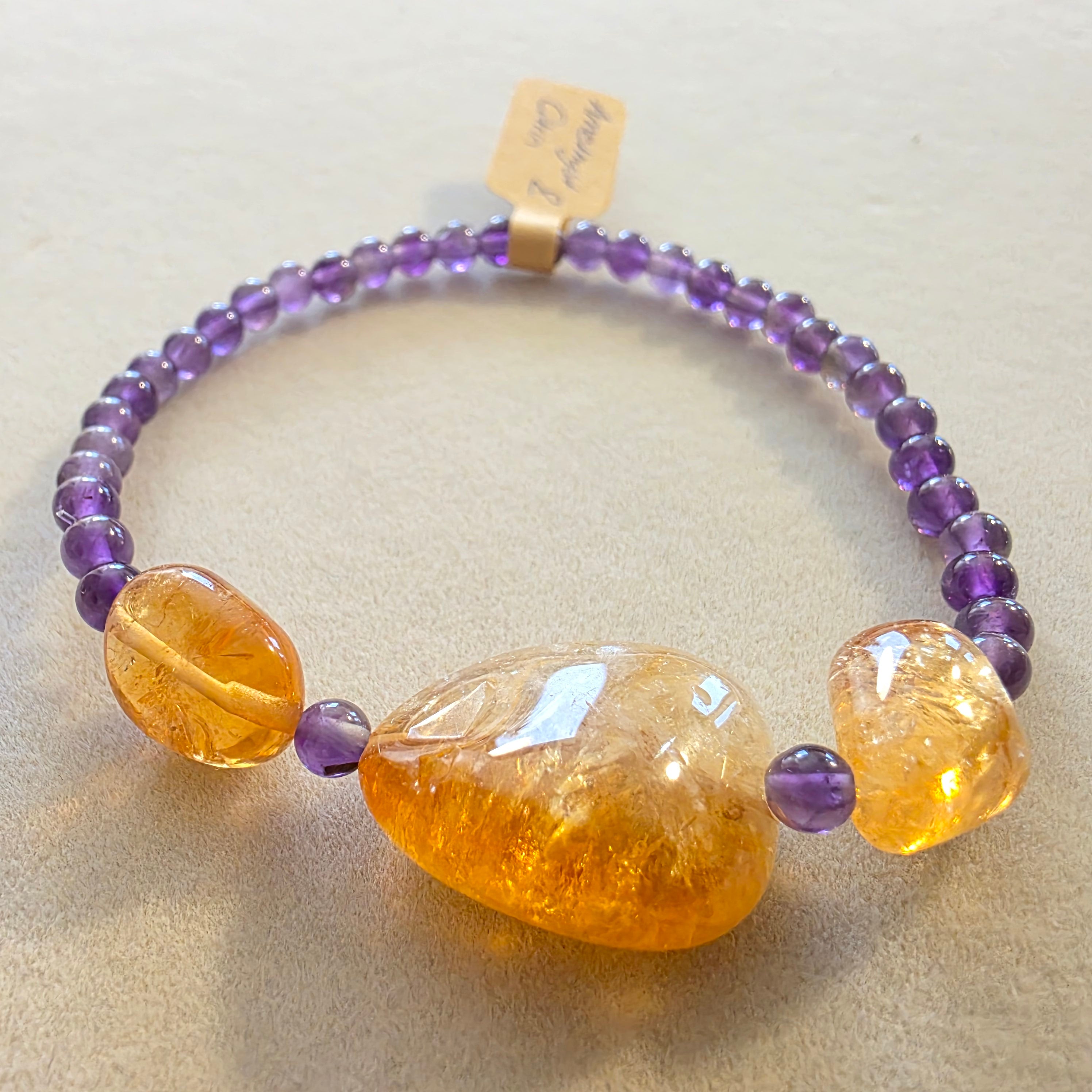 Amethyst & Citrin (Idar-Oberstein) – handgefertigtes Reiki-Kugelarmband +/- 4 mm