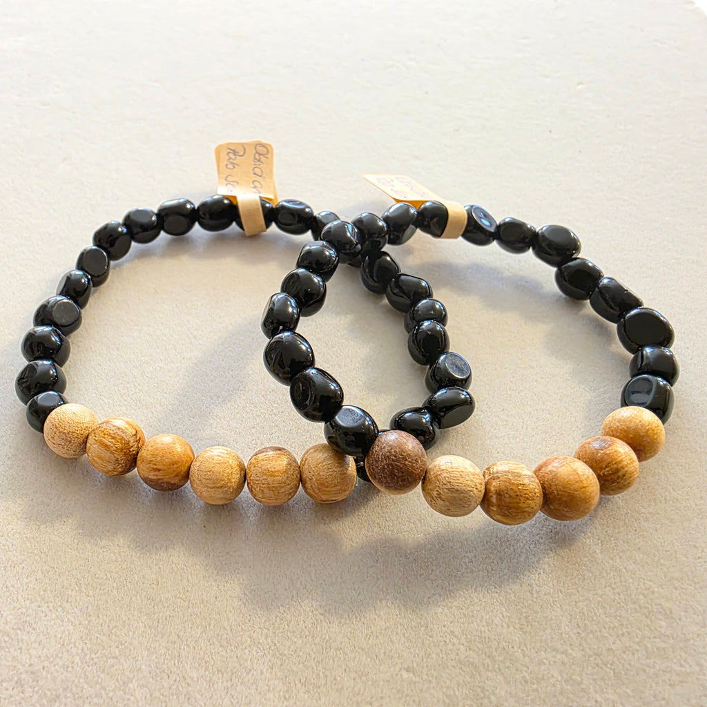 Obsidian & Palo Santo – handgefertigtes Reiki-Armband-Set für Paare +/- 4–6 mm